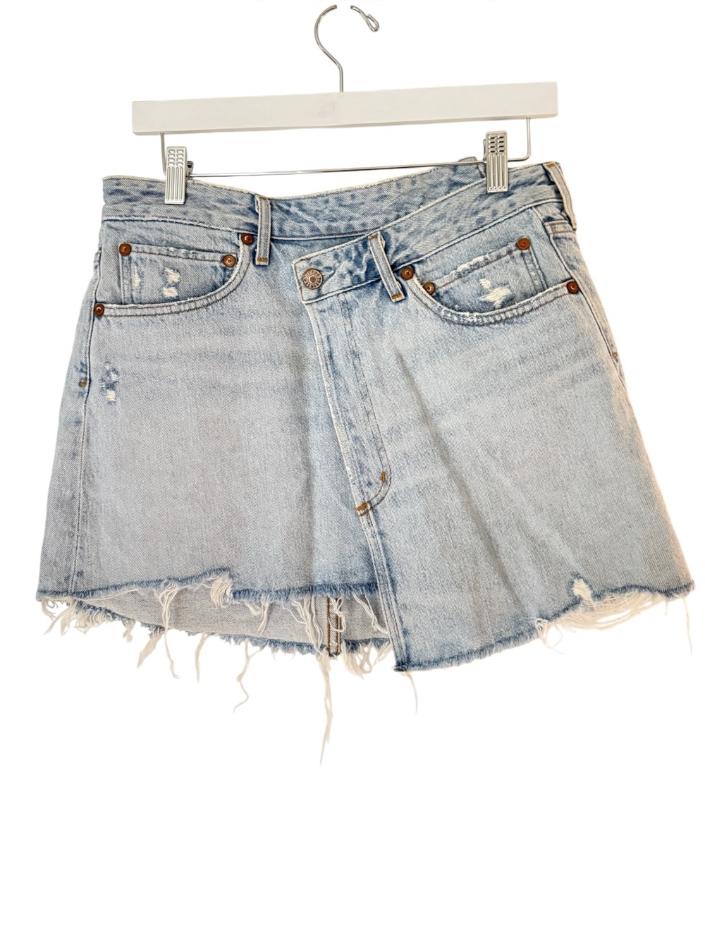AGOLDE Criss Cross Asymmetrical Denim Mini Skirt Light Wash Distressed Size 28 - Picture 2 of 11